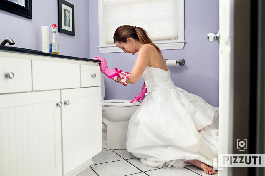 Bride Cleans Toilet | boston wedding concept photography