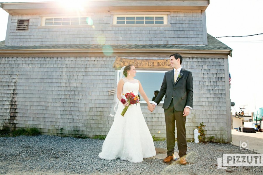 menemsha fish house, martha's vineyard, bride and groom